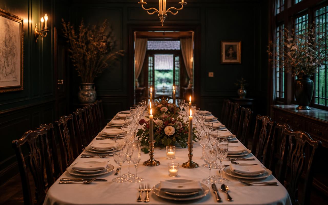 A candlelit table set for eleven in a private dining room